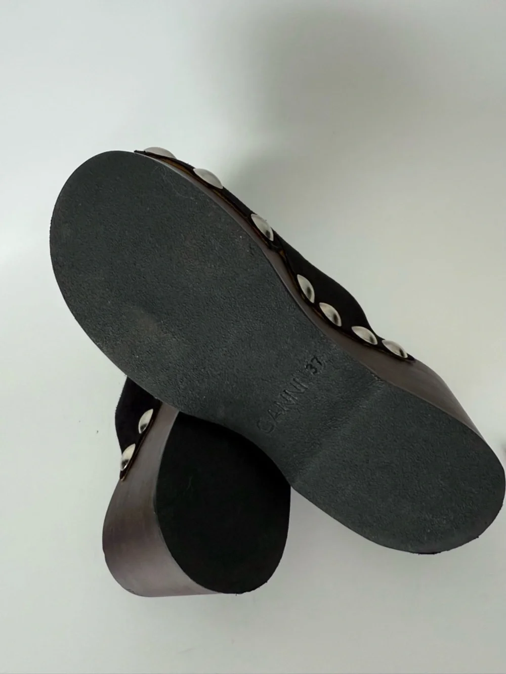 GANNI Retro Studded Wood Black Suede Clogs Open Toe Wedge - Picture 15 of 16